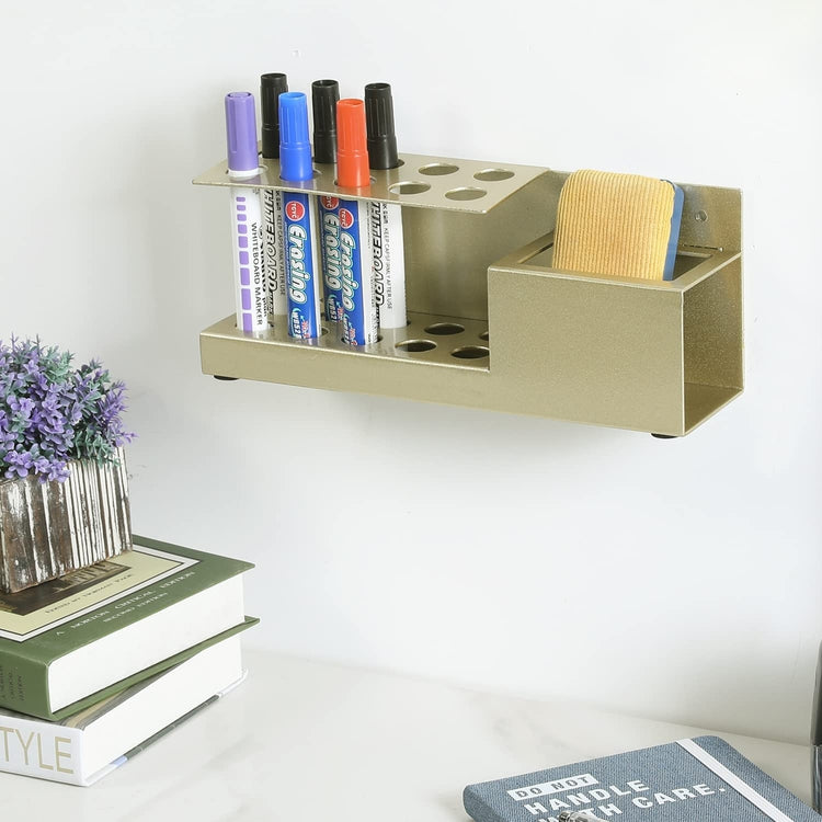 Dry Erase Marker Holder, Brass Tone Metal Wall Mounted Office Whiteboard Accessories and Eraser Organizer Rack-MyGift