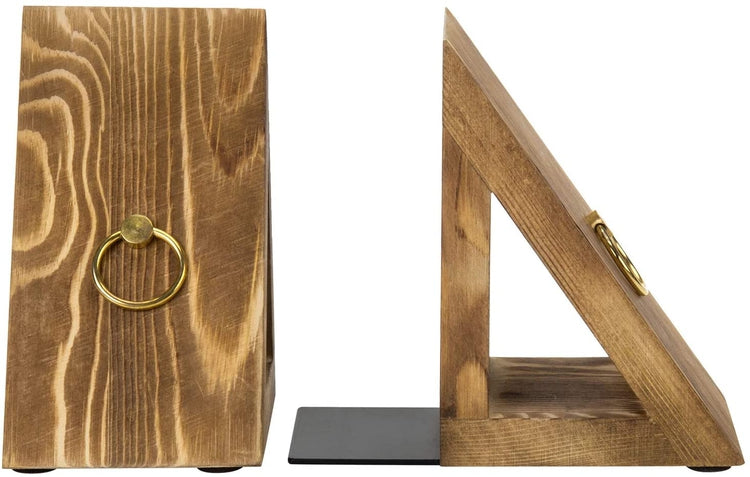 Brown Burnt Wood Triangular Decorative Desktop Bookends with Brass Tone Ring Handle Accents-MyGift