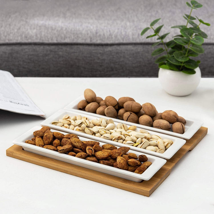 Rectangular White Ceramic Serving Platters on Natural Bamboo Tray-MyGift