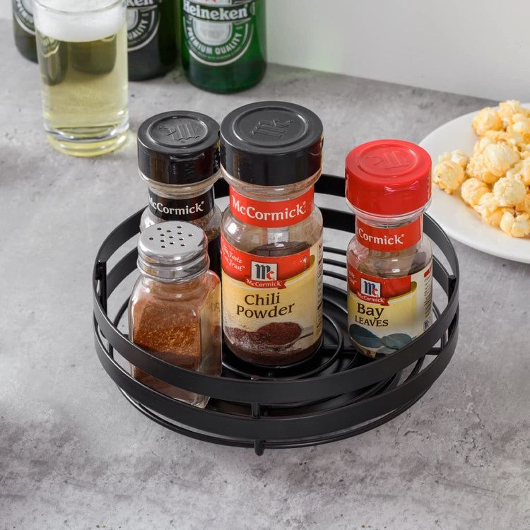 Matte Black Metal Wire Lazy Suzan Turntable Spice Holder, Kitchen Jar and Bottle Rack-MyGift