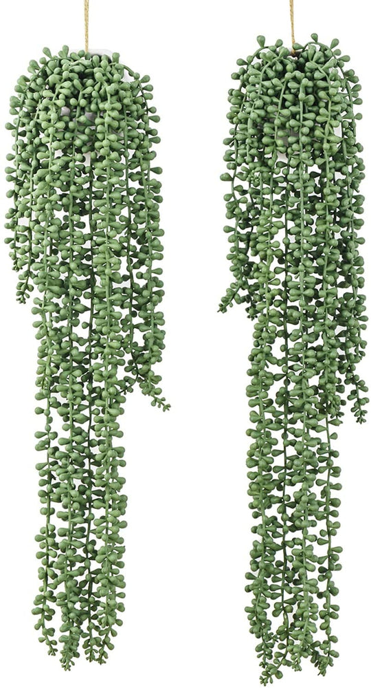 Set of 2, 24 Inch String of Pearls Plants Artificial Succulent Plant, Indoor Wall Hanging White Ceramic Planter-MyGift
