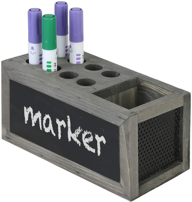 Wall Mounted Dry Erase Marker Storage Bin, Weathered Gray Wood Whiteboard Accessories Holder Caddy with Chalkboard-MyGift