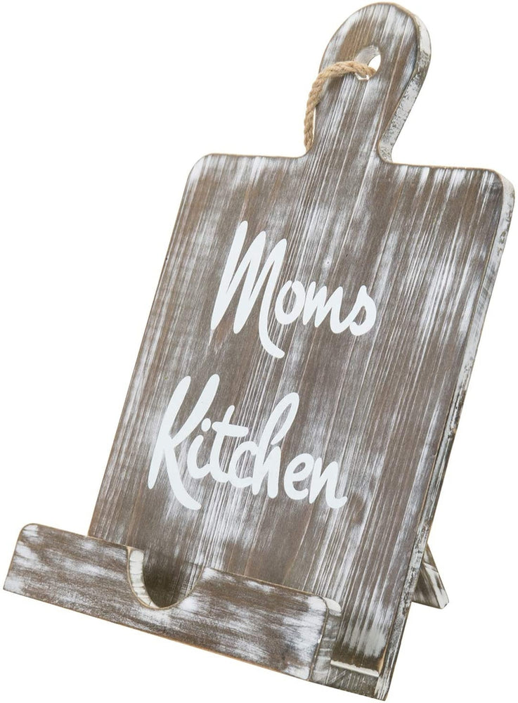 Mom's Kitchen Distressed Gray on Brown Wood Cutting Board Style Cookbook Holder Stand with Decorative Rope-MyGift