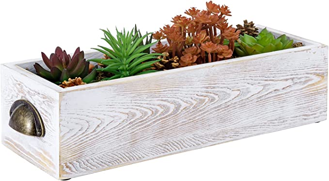Artificial Succulents in Decorative Whitewashed Wood Rectangular Planter Pot, Window Box Planter with Vintage Brass Tone Handles-MyGift