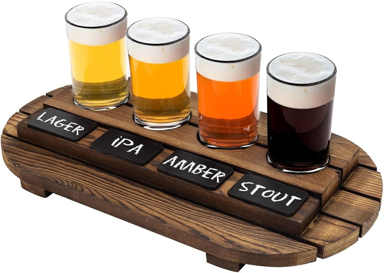 Dark Brown Slatted Wood Beer Flight Sampler Tray with 4 Glass Cups and Chalkboard Labels-MyGift
