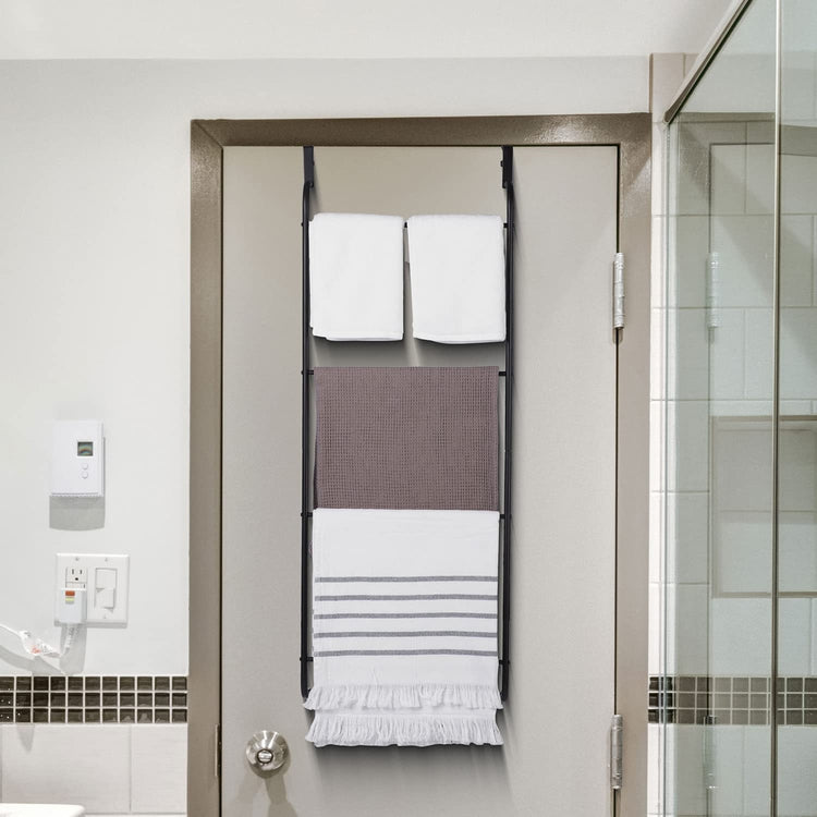 Over-the-Door Bathroom Towel Rack, Matte Black Metal Ladder Towel Holder-MyGift