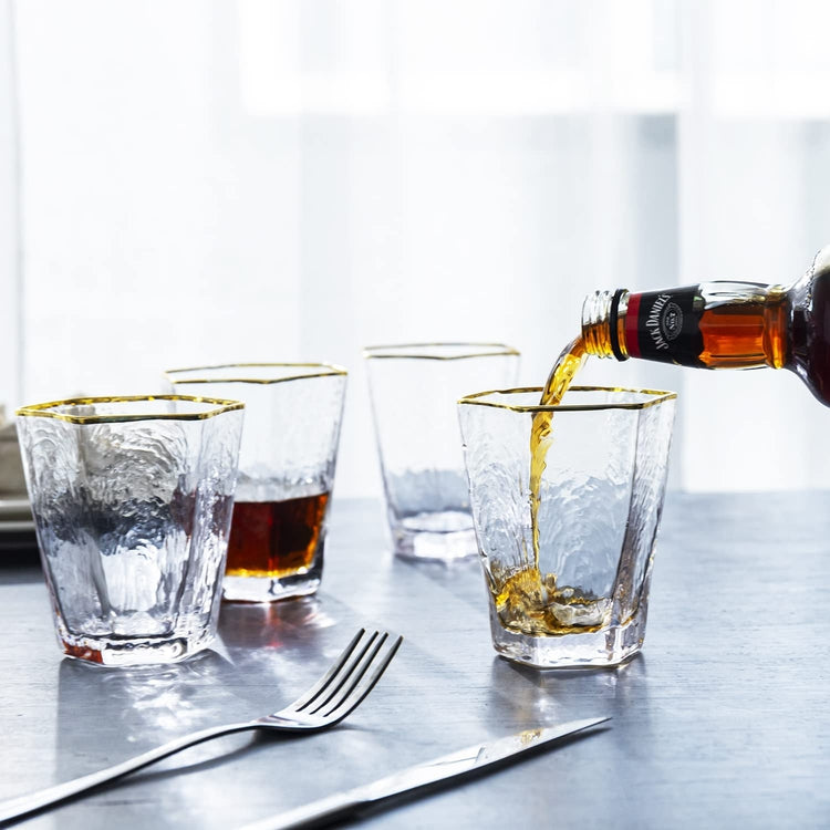 Set of 4, Low-Ball Cocktail Glasses, Ripple Pattern Hexagon Gold Rimmed Old-Fashioned Drinkware Glasses-MyGift