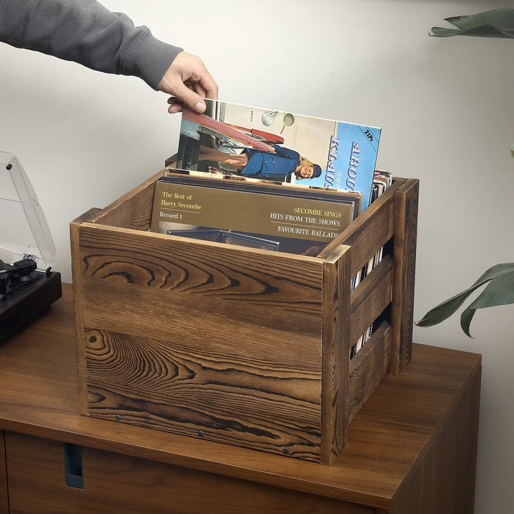 Rustic Burnt Wooden Crate Style Vinyl Record Storage Bin Organizer Box-MyGift