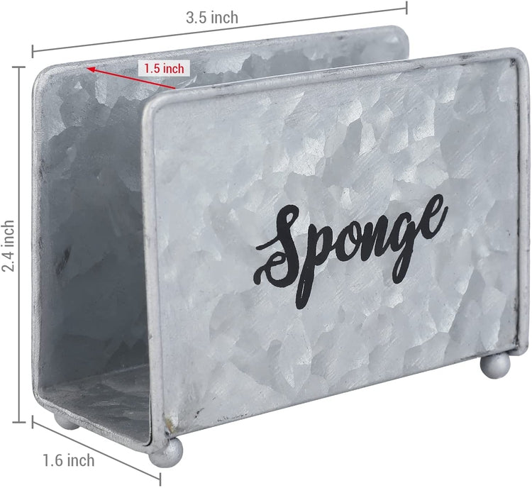 MyGift Rustic Galvanized Metal Kitchen Sponge Holder Tray with Sponge Cursive Writing