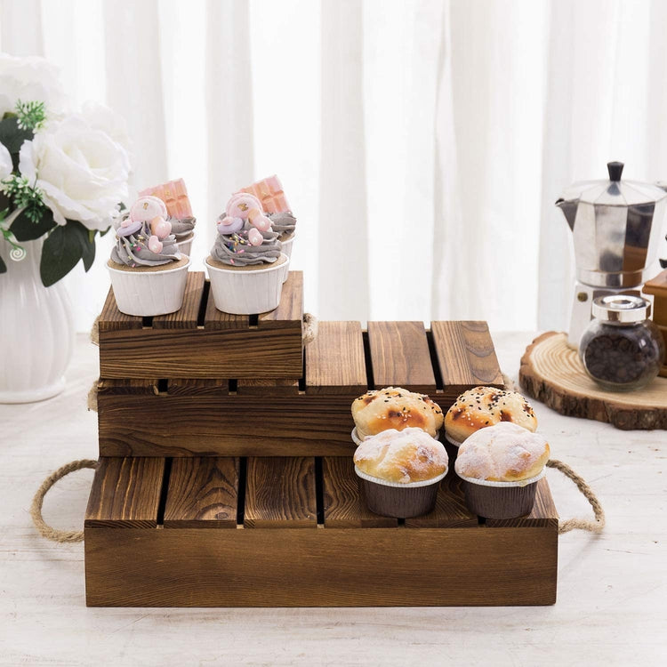 3-Tier Burnt Wood Pallet Style Dessert Riser Stands, Retail Displays with Rope Handles-MyGift