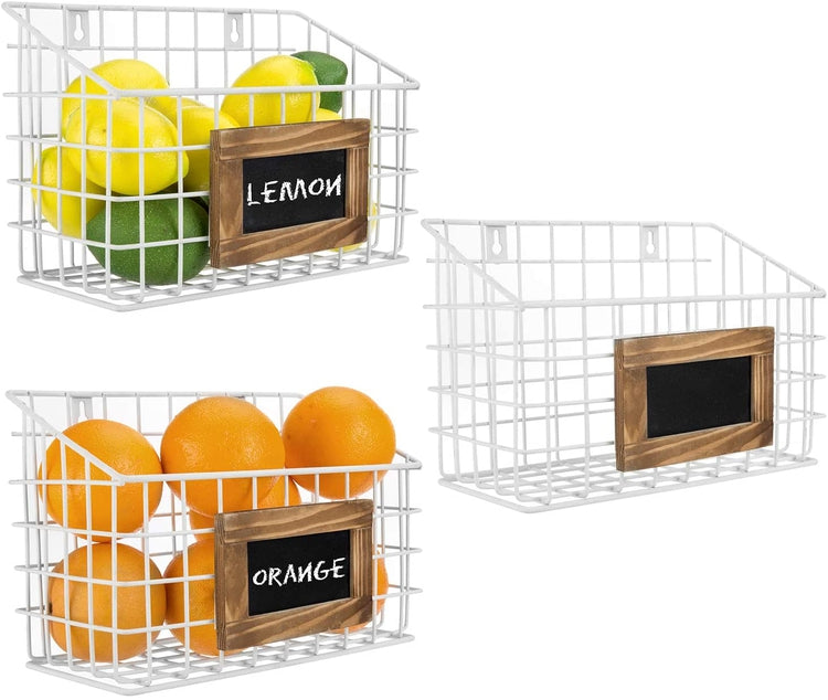 Set of 3, White Metal Wire Wall Mounted Storage Baskets with Chalkboard Labels-MyGift