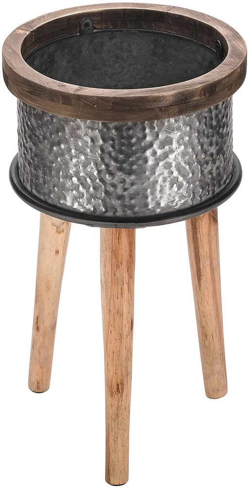 Hammered Galvanized Metal Flower Planter Pot with Weathered Wood Trim and Wooden Legs-MyGift