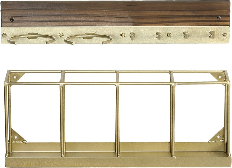 Brass Tone Metal and Burnt Wood Long and Short Umbrella Holder Storage Entryway Organizer Wall Rack with Key Hooks-MyGift