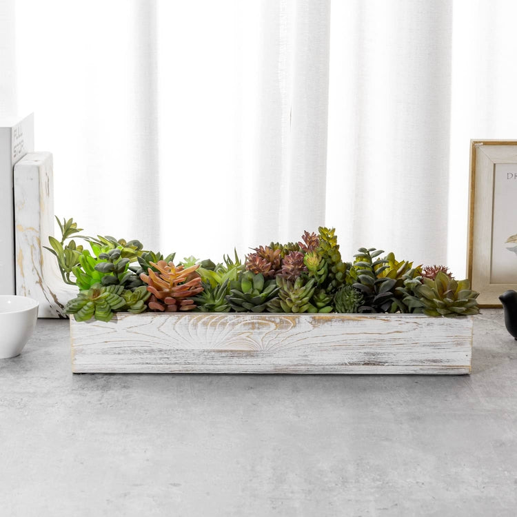 15 Inch Whitewashed Wood Faux Succulents Centerpiece, Weathered Wooden Planter Box, Artificial Plants Arrangement-MyGift
