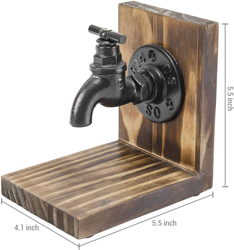 Industrial Style Decorative Bookends for Heavy Books with Cast Iron Faucet Spigot Design and Burnt Wood-MyGift