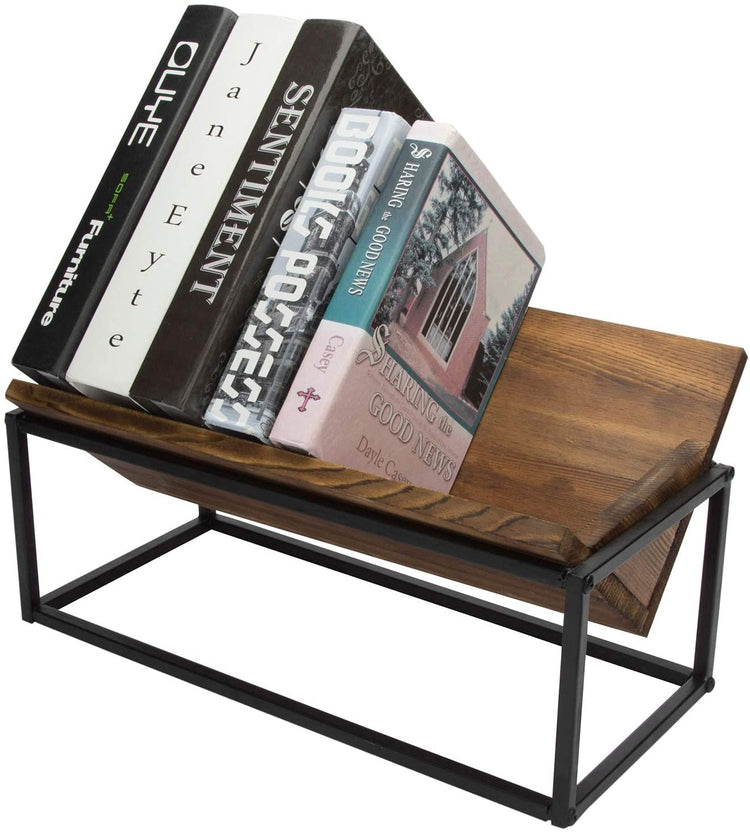 Burnt Wood and Industrial Black Metal Trough Style Desktop Book Storage Organizer-MyGift