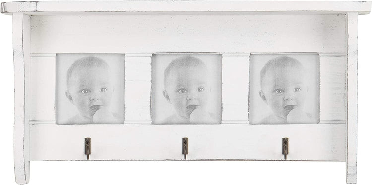 16-Inch Wall-Mounted White Wood Display Shelf with 3 x 3 Picture Frames & Key Hooks-MyGift