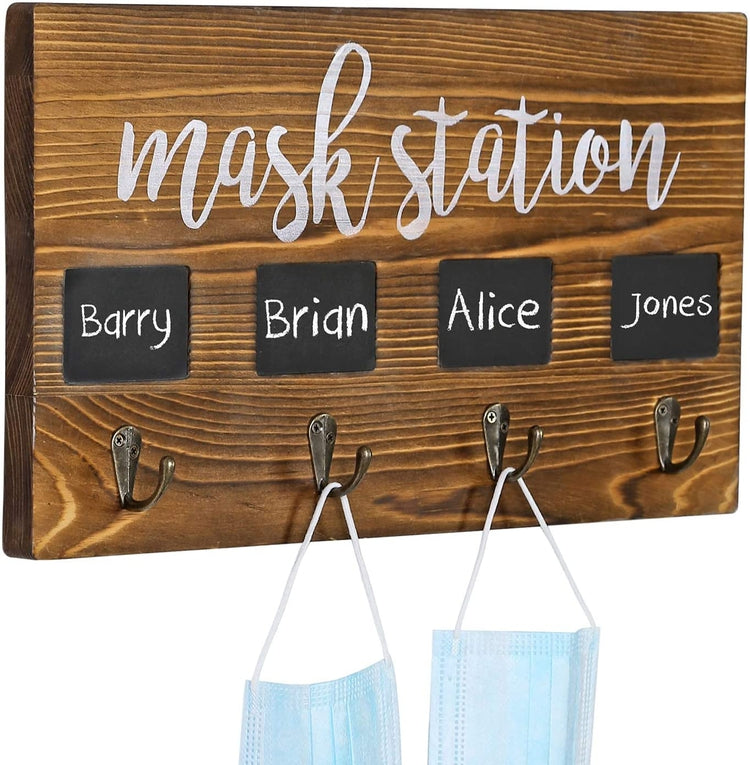 4-Hook Dark Brown Burnt Wood Wall Mounted Face Mask Hanger Rack with Chalkboard Labels-MyGift