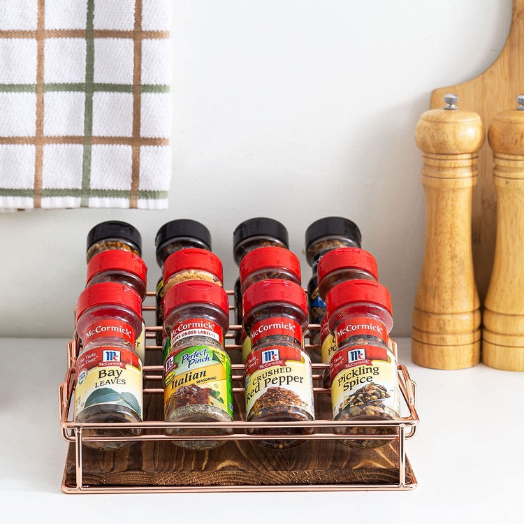 3 Tier Copper Wire and Burnt Wood Countertop Spice Bottle Rack Organizer, Kitchen Seasoning Holder Tray-MyGift
