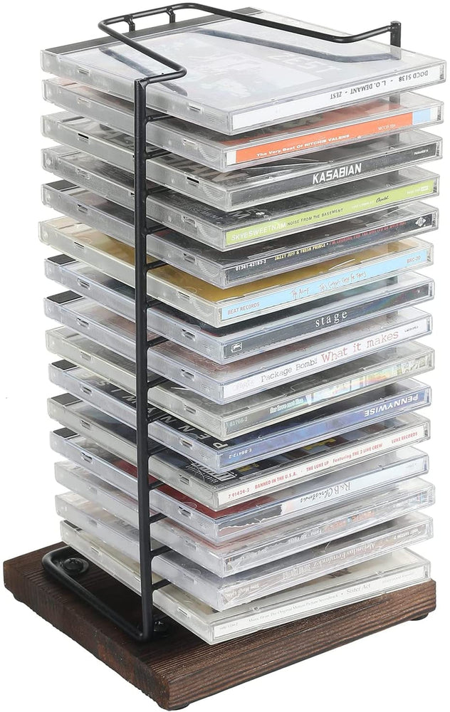 Matte Black Metal Wire and Burnt Wood Base Compact Disc Holder Vertical Storage CD Display Rack, Holds 15 Jewel Cases-MyGift