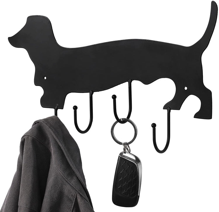 Decorative Dachshund Dog Design Black Metal Wall Mounted 4 Hook Organizer Rack