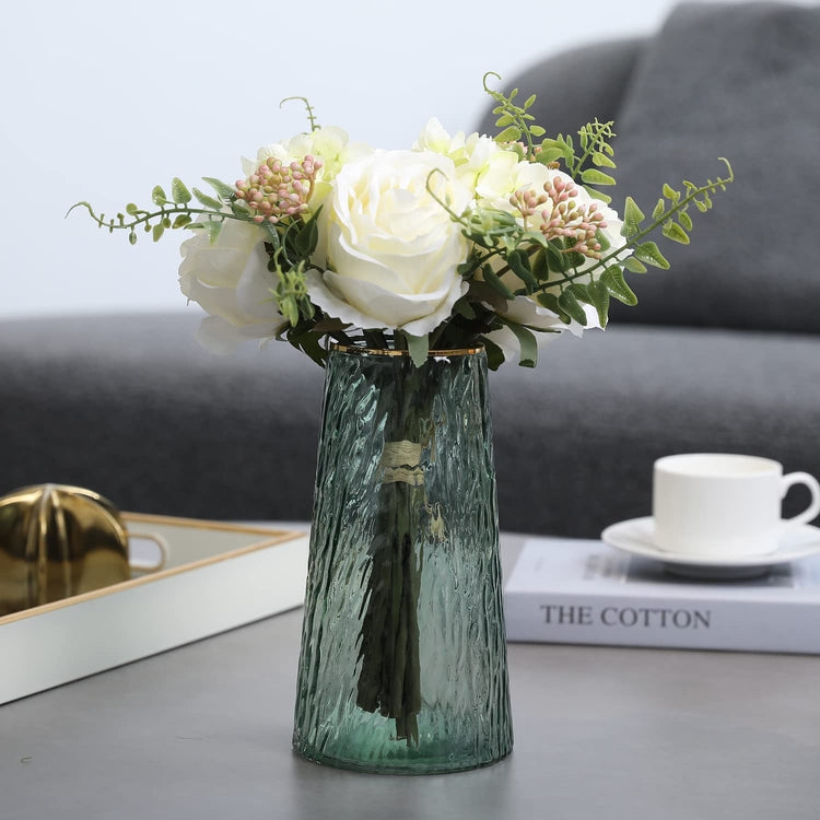 Artificial Roses Fake Flowers Bouquet with Green Tinted, Gold Rimmed Glass Vase-MyGift