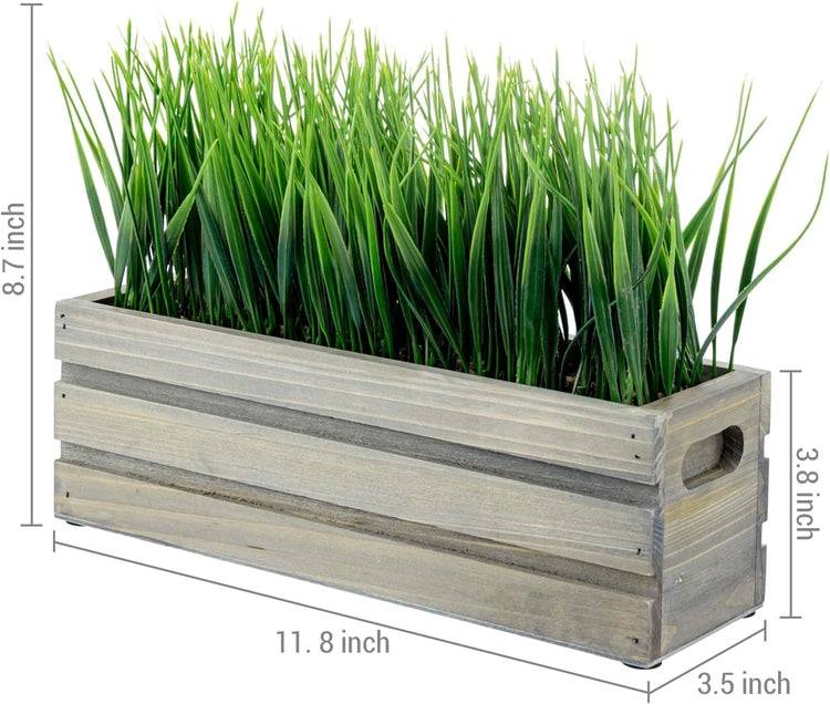 Artificial Green Grass Plant in Gray Brown Solid Wood Planter Box, Rectangular Plant Container-MyGift