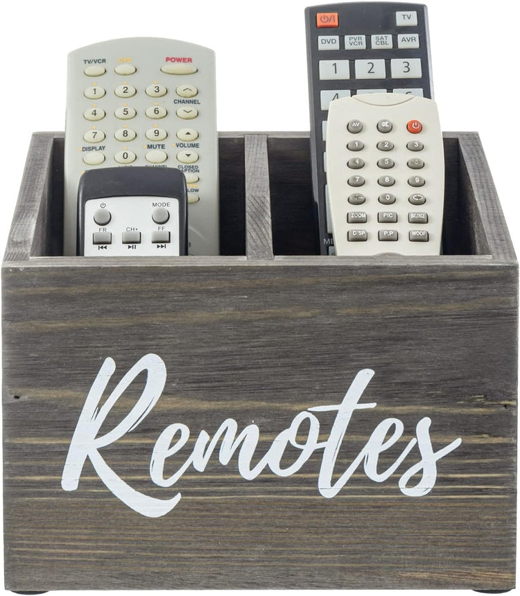 Gray Wood Remote Control Holder with Storage Compartments and White Cursive "Remotes" Lettering, Media Controller Caddy-MyGift