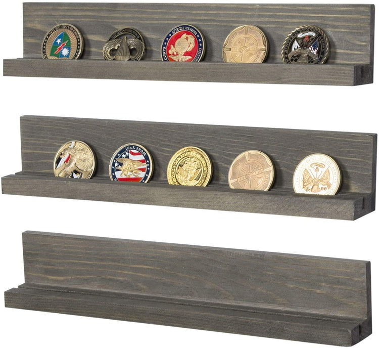 Set of 3, Wall Mounted Gray Wood Military Coin Holder and Casino Chip Display Shelf-MyGift