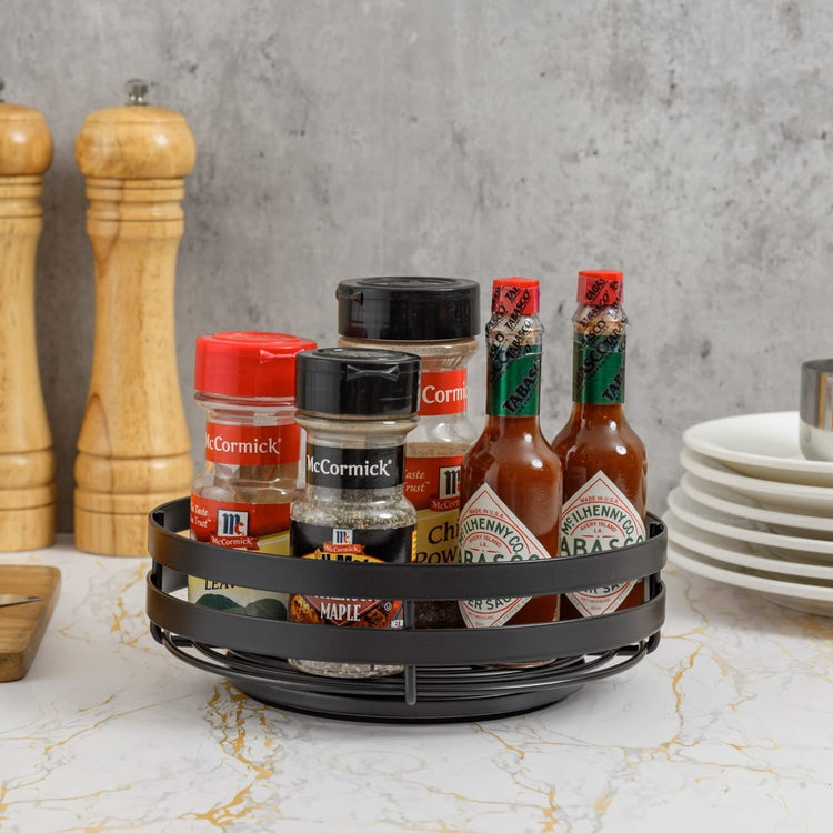 Matte Black Metal Wire Lazy Suzan Turntable Spice Holder, Kitchen Jar and Bottle Rack-MyGift