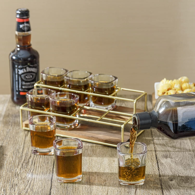 Shot Serving Tray, 2-Tier Brass Tone Metal and Burnt Wood Party Shots Server Tray with 8 Shot Glasses-MyGift