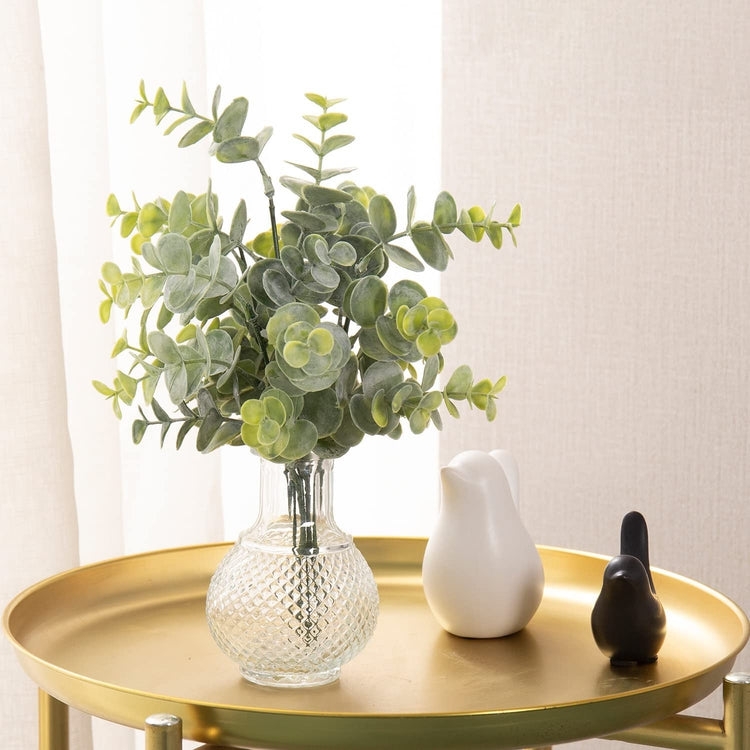 Faux Eucalyptus Stems in Vintage Style Embossed Glass Vase, Tabletop Décor-MyGift