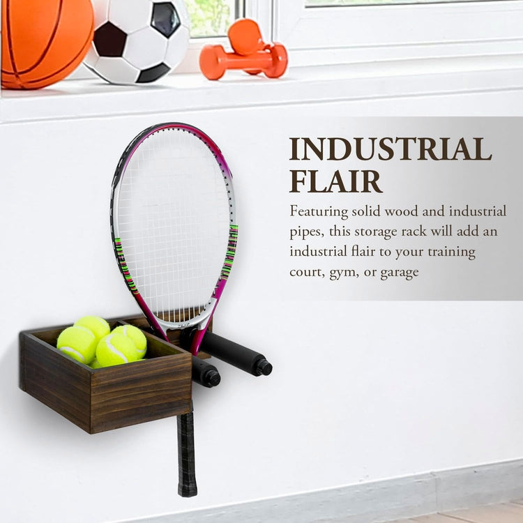 Wall Mounted Tennis Racket and Ball Rack, Burnt Dark Wood and Industrial Black Metal Pipe, Hanging Tennis Ball Basket-MyGift
