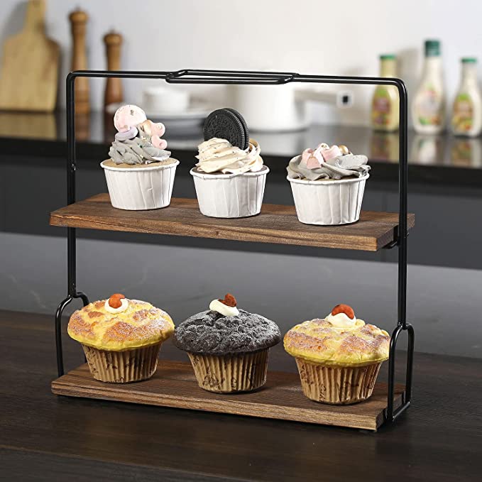 2-Tier Burnt Brown Wood and Metal Dessert Display Rack Pastry Holder, Cupcake Dessert Serving Stand-MyGift