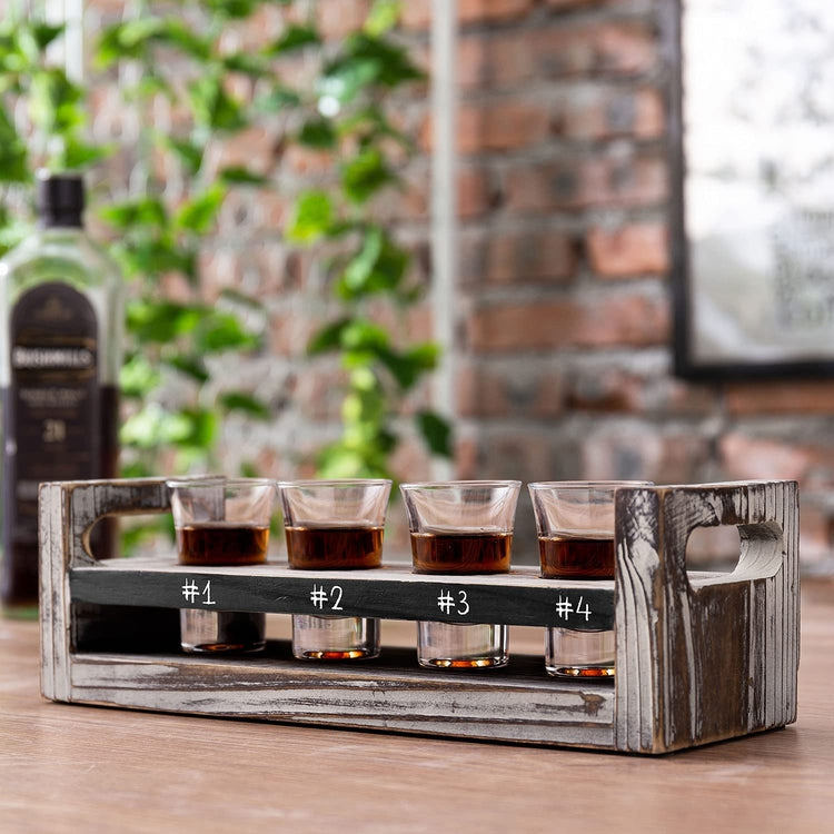 Torched Wood Shot Glass Flight Tray, Sampler Serving Caddy with Chalkboard Label and 4 Shot Glasses-MyGift