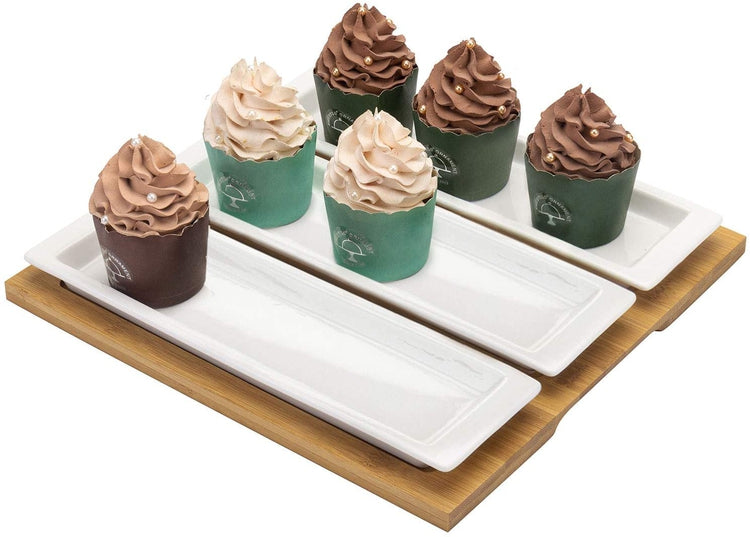 Rectangular White Ceramic Serving Platters on Natural Bamboo Tray-MyGift