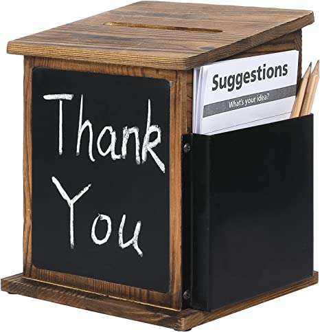 Wall Mounted Burnt Solid Wood Collection Box/Suggestion Box with Black Metal Card Holder, Chalkboard Label and Lock-MyGift
