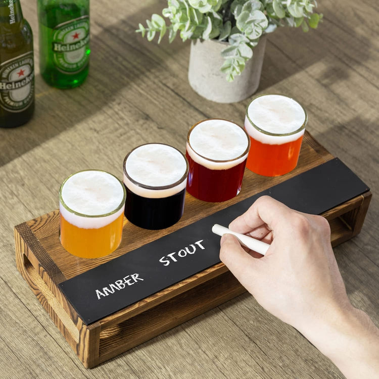 Set of 2, Dark Brown Burnt Wood Sampler Tray Beer Flight Holder Serving Set with 4 Glasses and Erasable Chalkboard Label-MyGift