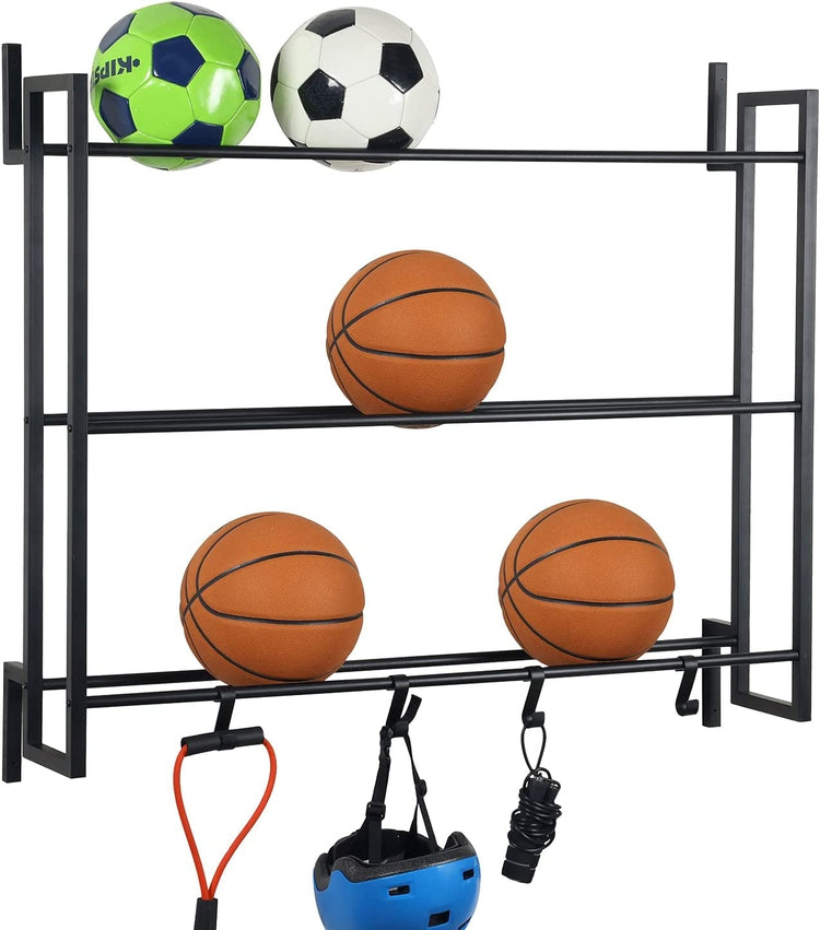 Matte Black Metal Wall Mounted Sports Ball Rack, Gym Exercise Equipment Storage Organizer Shelf Display with S-Hooks-MyGift