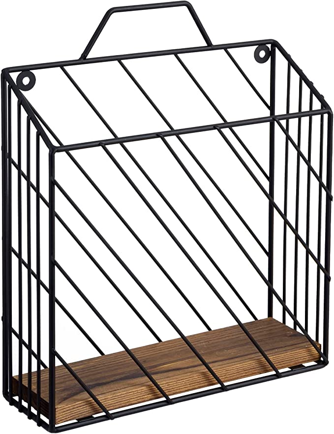 Black Metal Document Holder Storage Basket, Magazine Rack with Rustic Burnt Wood Base-MyGift