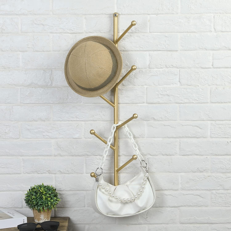 Gold Tone Metal Wall Mounted Hat, Coat, Garment Hanging Rack with 8 Tree Branch Style Hanger Hooks-MyGift