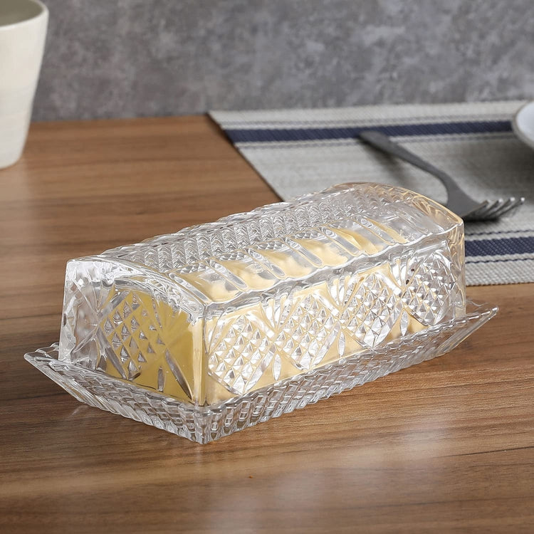 Embossed Diamond Pattern Clear Glass Rectangular Covered Butter Dish Storage Tray with Cover Lid-MyGift
