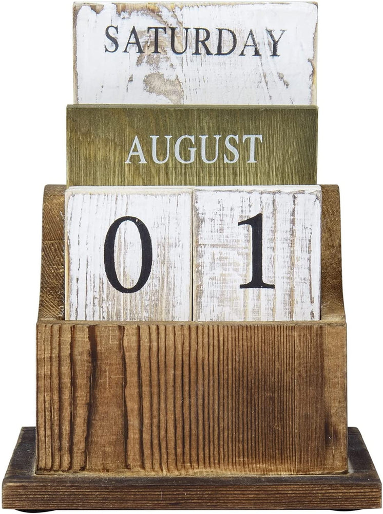 Vintage Brown Wood Desktop Block Perpetual Calendar, Wooden Tiles Month, Date and Day-MyGift