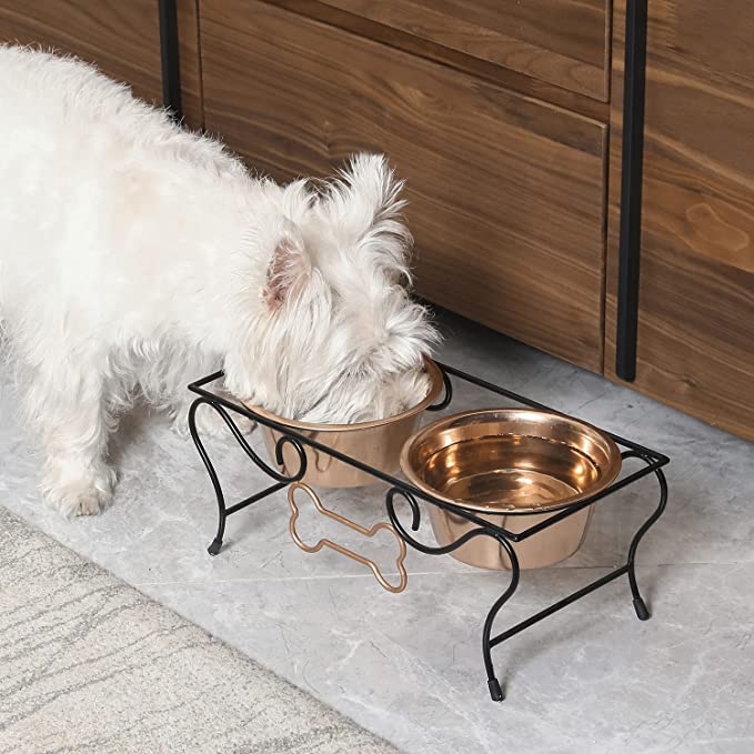 Dog Food Bowl Stand for Small Dogs Pet Feeder, Raised Dog Bowls with Bone Decoration and 2 Copper-MyGift