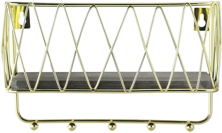 Wall Mounted Gray Wood Shelf with Brass Tone Metal Wire Framed Mail Sorter Basket and 5 Key Holder Hooks Storage Rack-MyGift