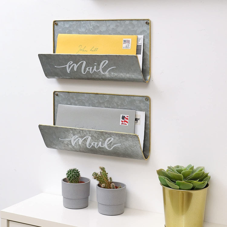 Set of 2, Wall Mounted Galvanized Metal, Brass Trim Mail Sorter Letter Holder Organizers with White Cursive MAIL Letting-MyGift