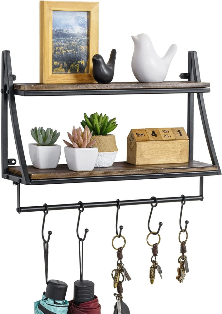 Floating Shelves with Industrial Metal and Burnt Wood, Wall Mounted 2-Tier Display Shelf with 5 Hooks-MyGift