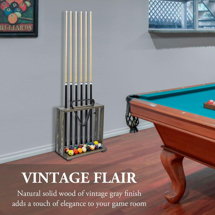 Freestanding Gray Wood Pool Cue Stick Holder, Cue Rack w/ Ball Storage and Rack Slot-MyGift