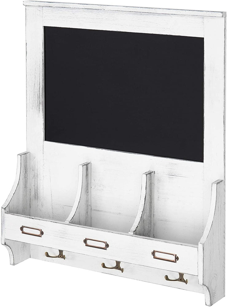 Vintage White Wood Wall-Mounted Mail Organizer with Chalkboard and Key Hooks-MyGift