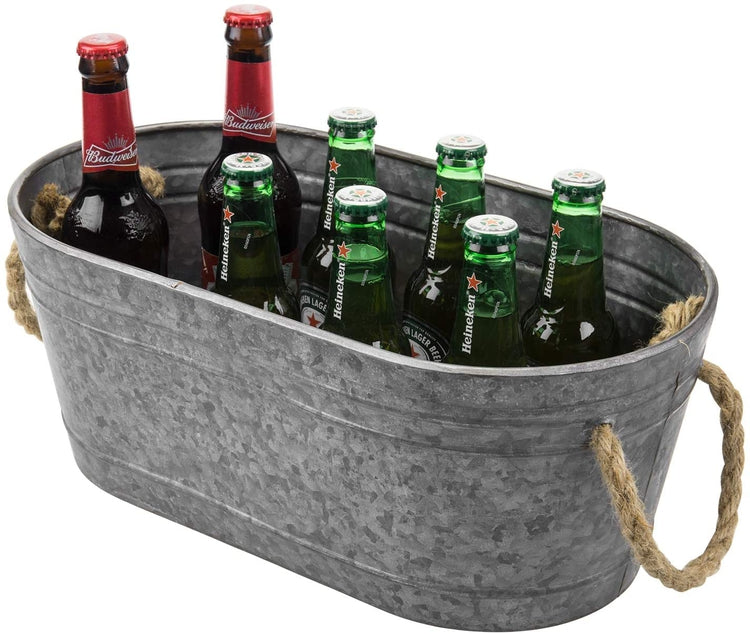 Galvanized Silver Metal Small Tabletop Beer Server, Beverage Tub with Rope Handles-MyGift